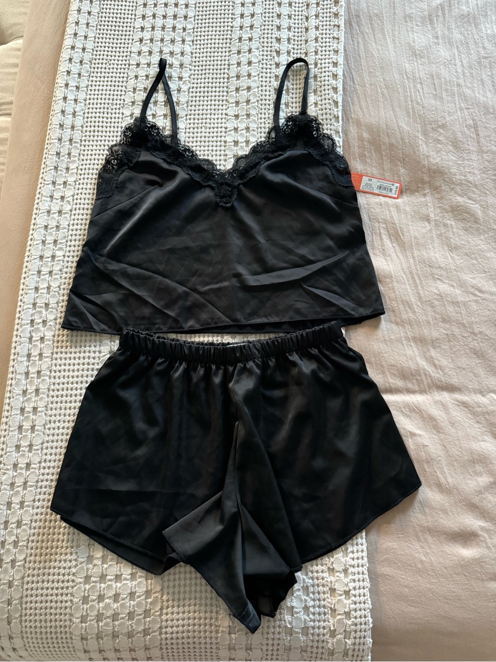 NEW Colsie Black Satin Lace-Trim Cami & Shorts Sleep Set Size XS